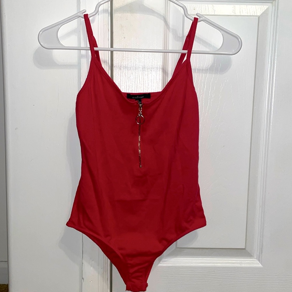 red quarter zip bodysuit